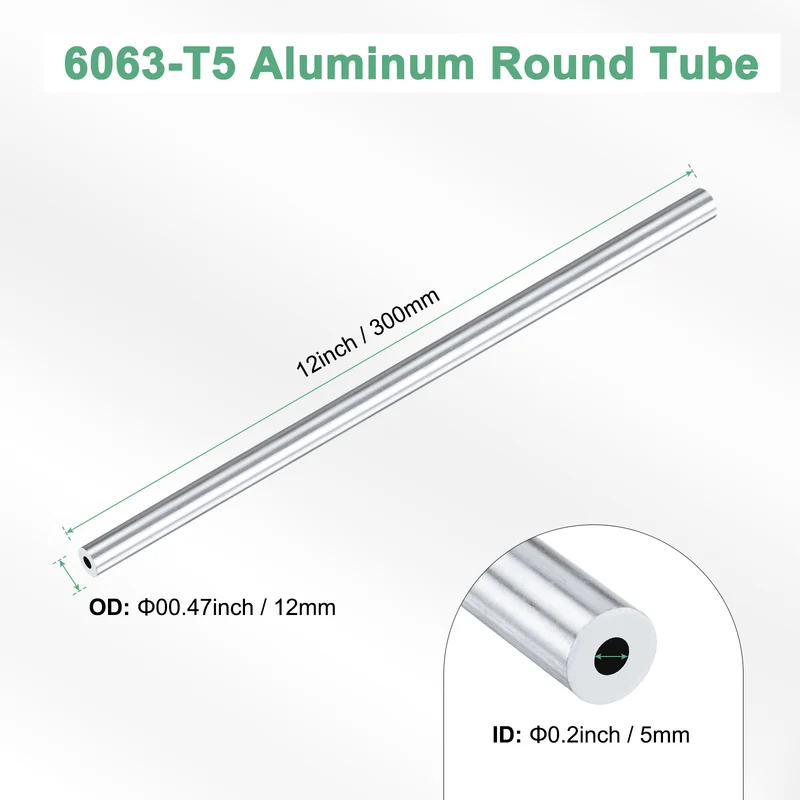 1-Pack 6063 Aluminum Round Tube, 5mmx12mm(IDxOD) 300mm Length Straight Tubing