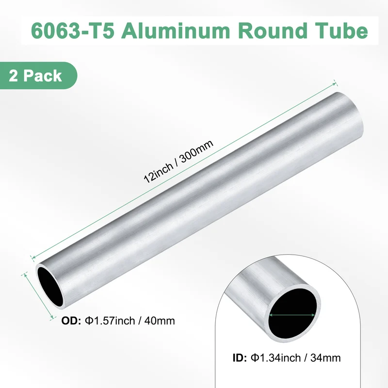 2-Pack 6063 Aluminum Round Tube, 34mmx40mm(IDxOD) 300mm Length Straight Tubing