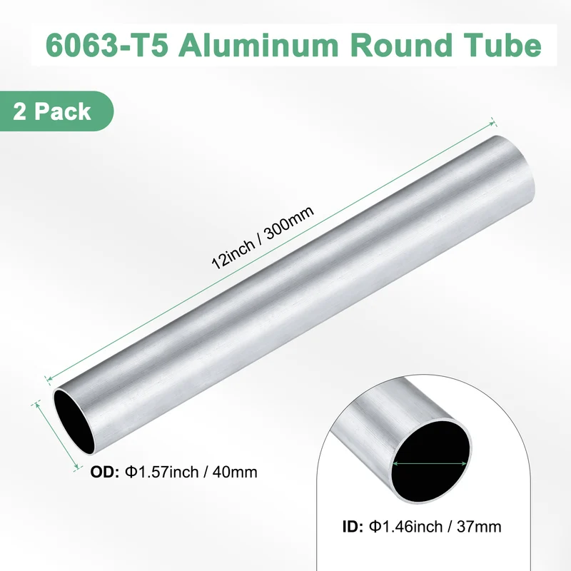 2-Pack 6063 Aluminum Round Tube, 37mmx40mm(IDxOD) 300mm Length Straight Tubing
