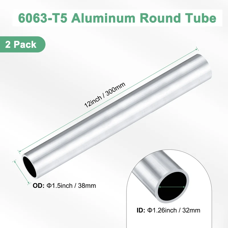 2-Pack 6063 Aluminum Round Tube, 32mmx38mm(IDxOD) 300mm Length Straight Tubing