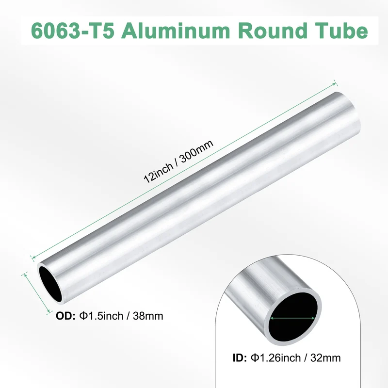 1-Pack 6063 Aluminum Round Tube, 32mmx38mm(IDxOD) 300mm Length Straight Tubing