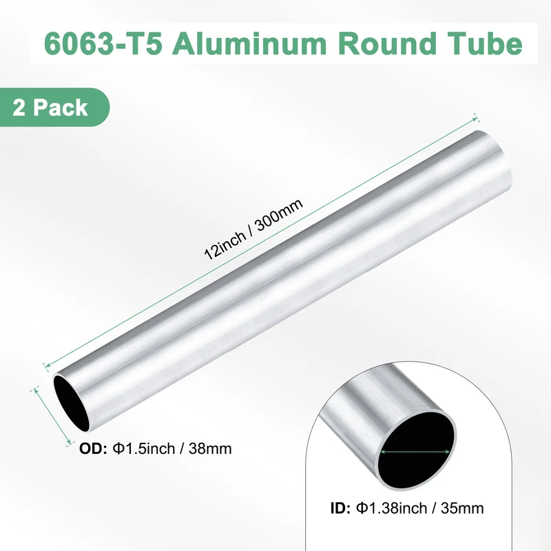 2-Pack 6063 Aluminum Round Tube, 35mmx38mm(IDxOD) 300mm Length Straight Tubing