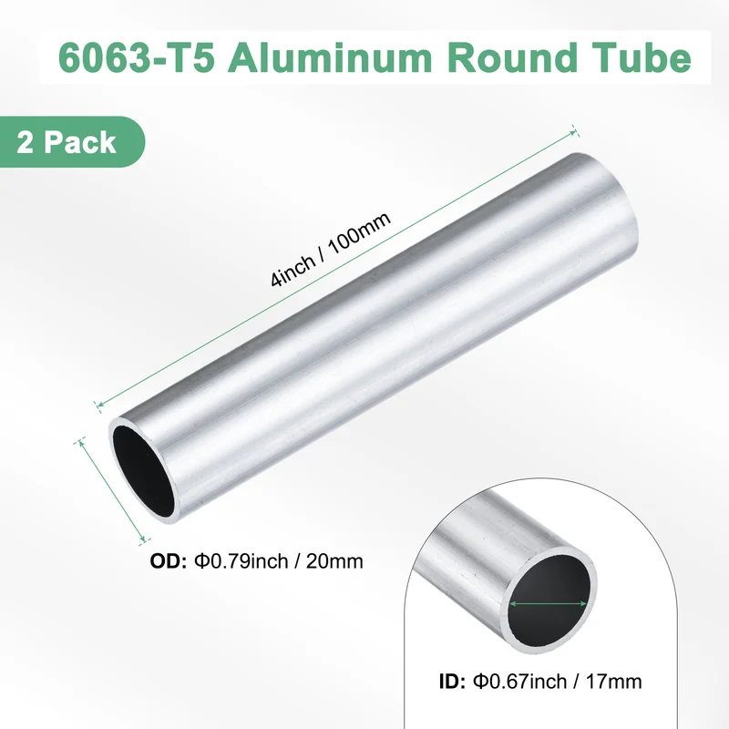 2-Pack 6063 Aluminum Round Tube, 17mmx20mm(IDxOD) 100mm Length Straight Tubing