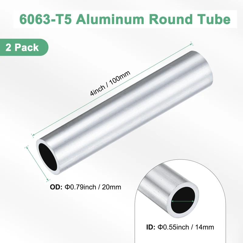 2-Pack 6063 Aluminum Round Tube, 14mmx20mm(IDxOD) 100mm Length Straight Tubing