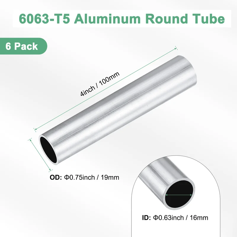 6-Pack 6063 Aluminum Round Tube, 16mmx19mm(IDxOD) 100mm Length Straight Tubing