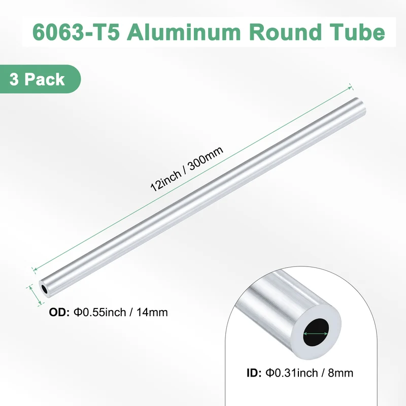 3-Pack 6063 Aluminum Round Tube, 8mmx14mm(IDxOD) 300mm Length Straight Tubing