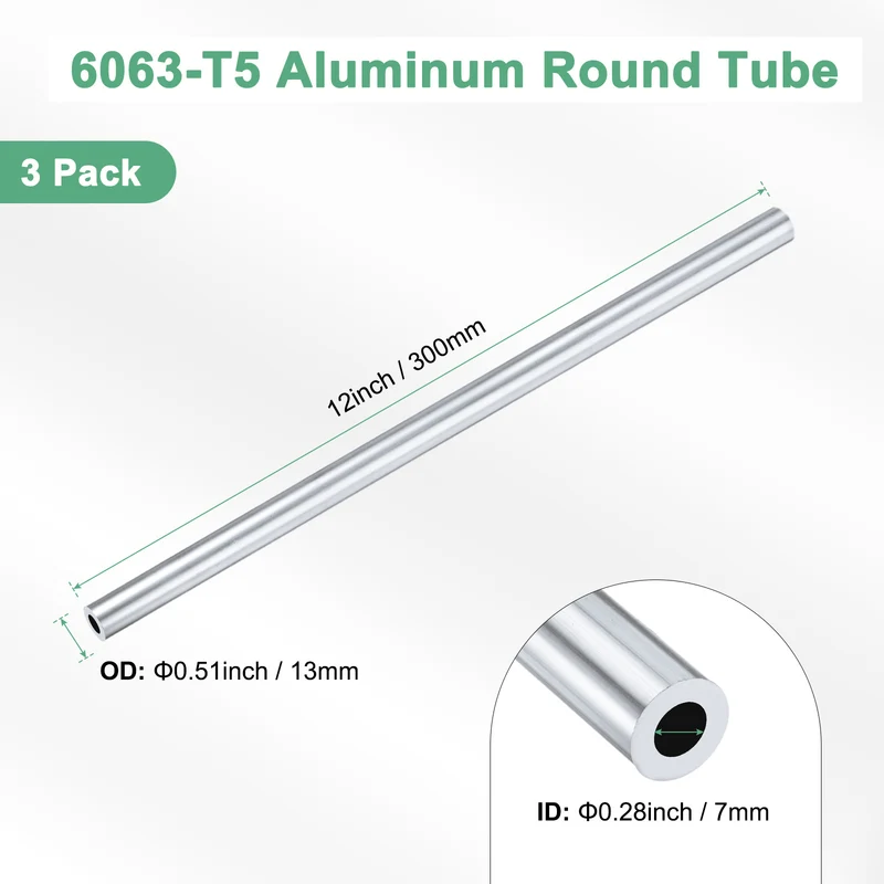 3-Pack 6063 Aluminum Round Tube, 7mmx13mm(IDxOD) 300mm Length Straight Tubing