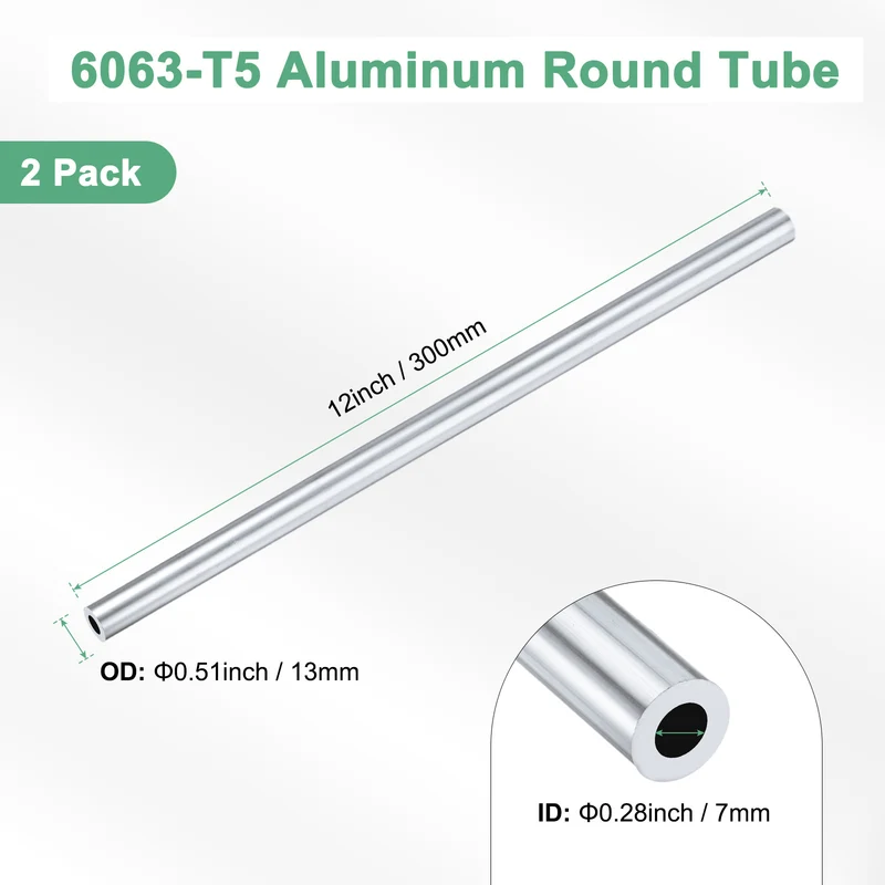 2-Pack 6063 Aluminum Round Tube, 7mmx13mm(IDxOD) 300mm Length Straight Tubing