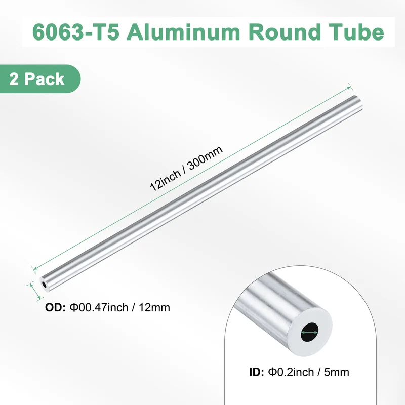 2-Pack 6063 Aluminum Round Tube, 5mmx12mm(IDxOD) 300mm Length Straight Tubing