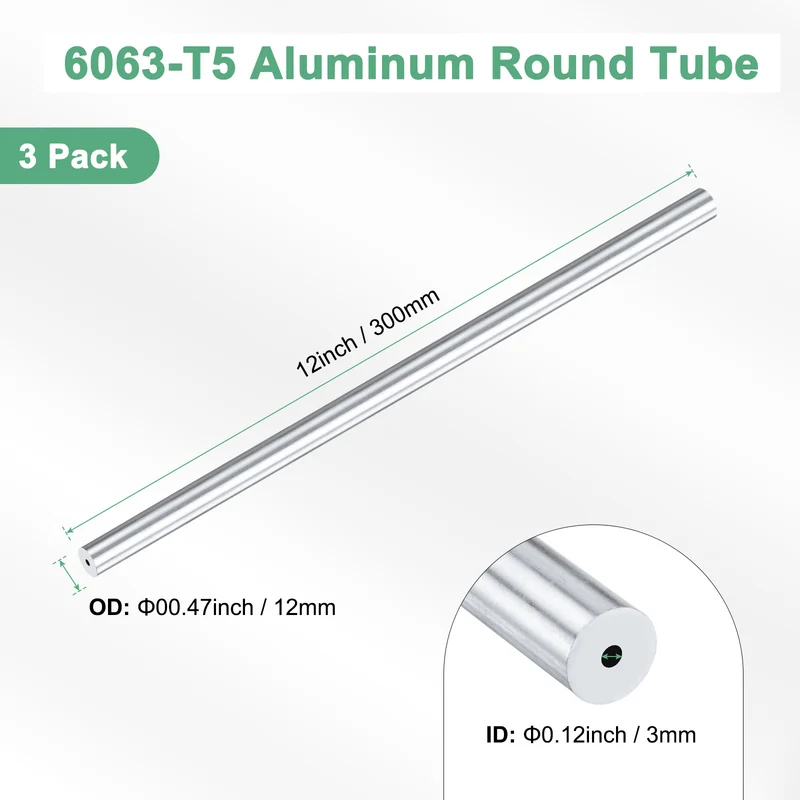 3-Pack 6063 Aluminum Round Tube, 3mmx12mm(IDxOD) 300mm Length Straight Tubing