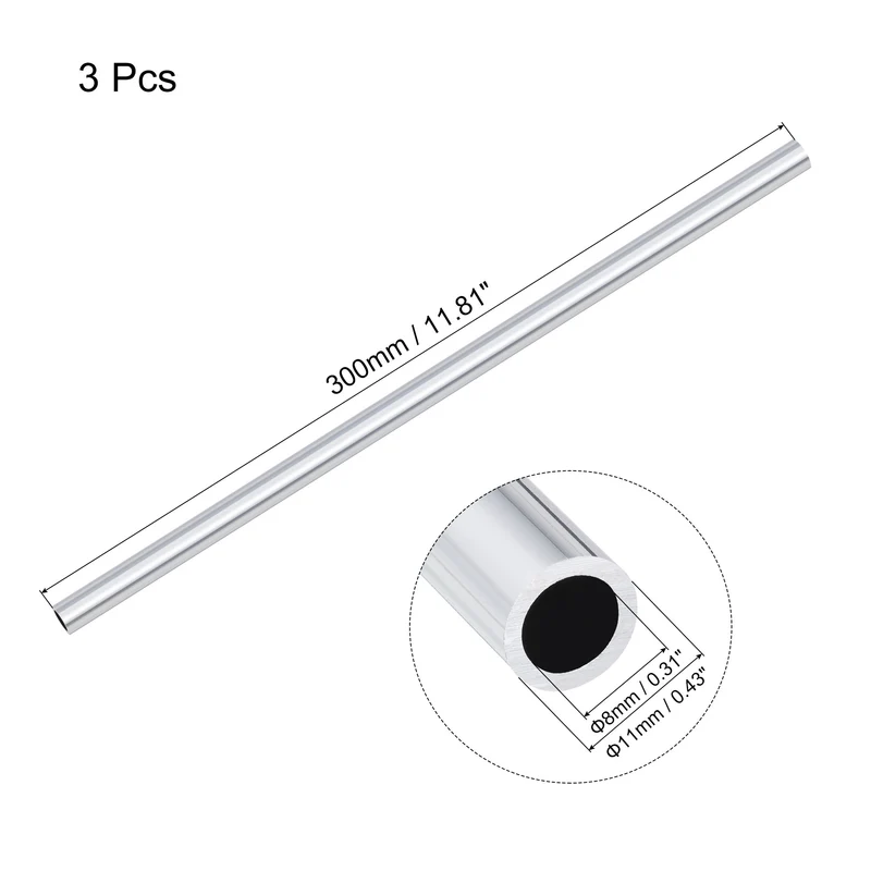 6063 Aluminum Round Tube 11mm OD 8mm Inner Dia 300mm Length Pipe Tubing 3 Pcs