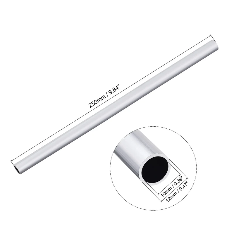 6063 Aluminum Round Tube 12mm OD 10mm Inner Dia 250mm Length Pipe Tubing