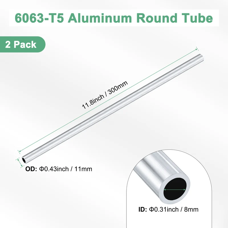 2-Pack 6063 Aluminum Round Tube, 8mmx11mm(IDxOD) 300mm Length Straight Tubing
