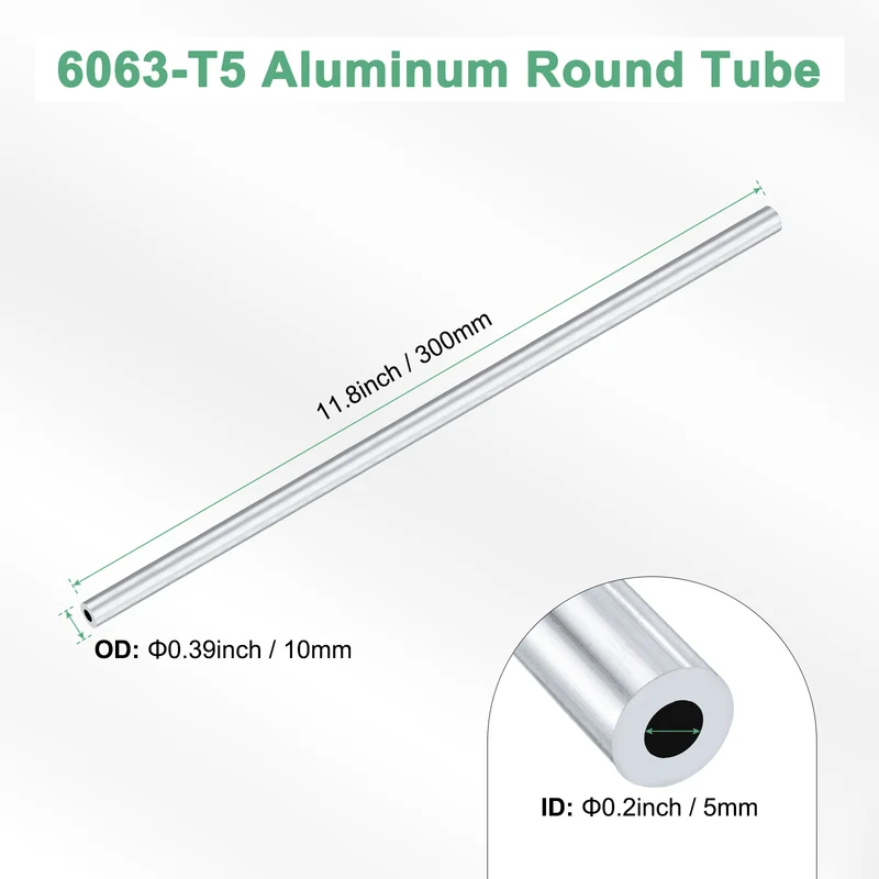 1-Pack 6063 Aluminum Round Tube, 5mmx10mm(IDxOD) 300mm Length Straight Tubing