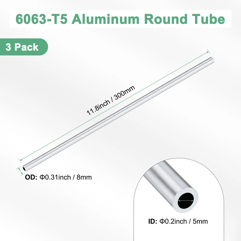 3-Pack 6063 Aluminum Round Tube, 5mmx8mm(IDxOD) 300mm Length Straight Tubing