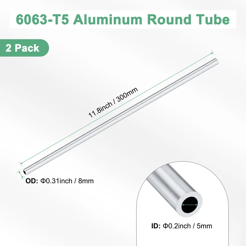 2-Pack 6063 Aluminum Round Tube, 5mmx8mm(IDxOD) 300mm Length Straight Tubing