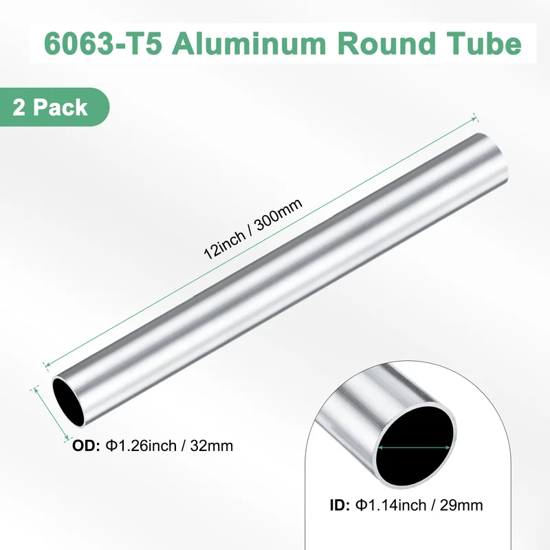 2-Pack 6063 Aluminum Round Tube, 29mmx32mm(IDxOD) 300mm Length Straight Tubing