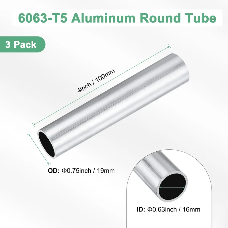 3-Pack 6063 Aluminum Round Tube, 16mmx19mm(IDxOD) 100mm Length Straight Tubing