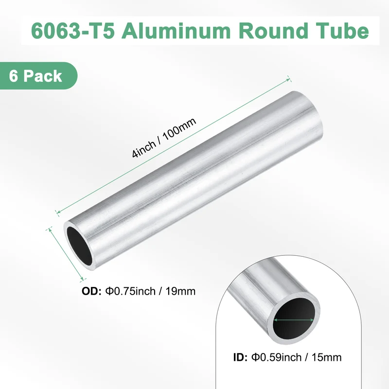 3-Pack 6063 Aluminum Round Tube, 15mmx19mm(IDxOD) 100mm Length Straight Tubing