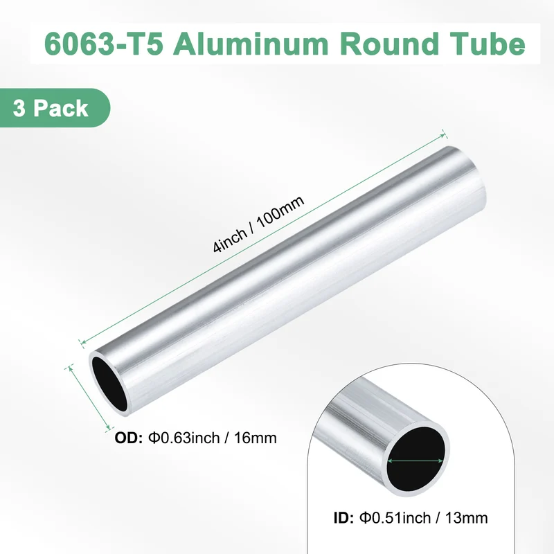 3-Pack 6063 Aluminum Round Tube, 13mmx16mm(IDxOD) 100mm Length Straight Tubing
