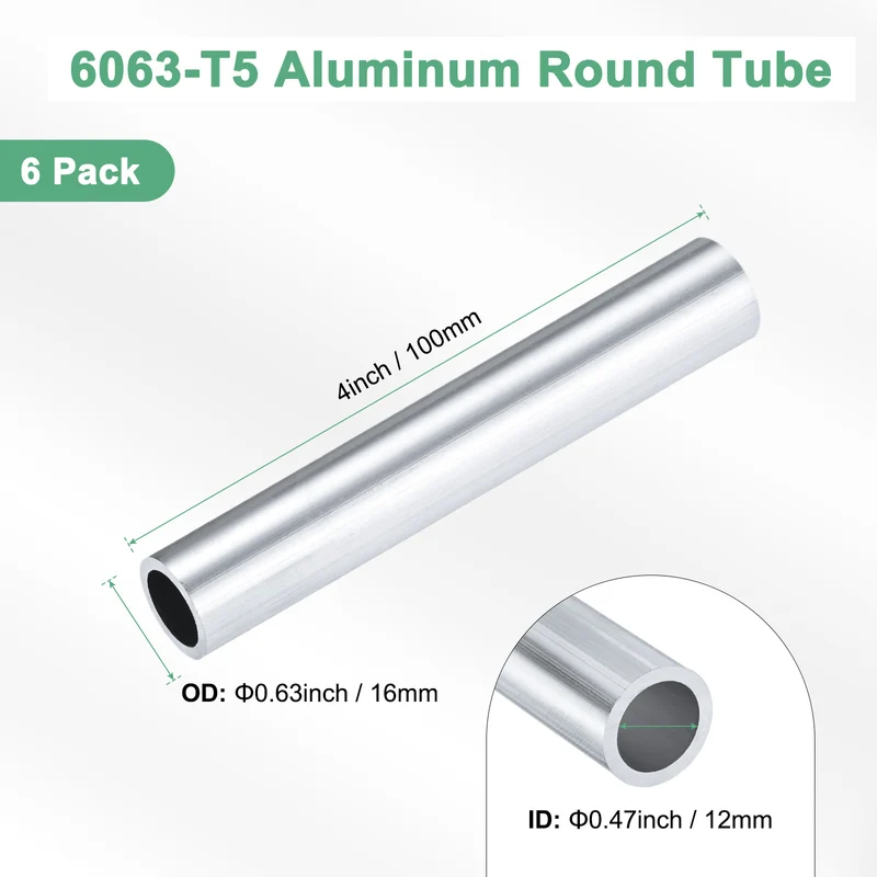 6-Pack 6063 Aluminum Round Tube, 12mmx16mm(IDxOD) 100mm Length Straight Tubing