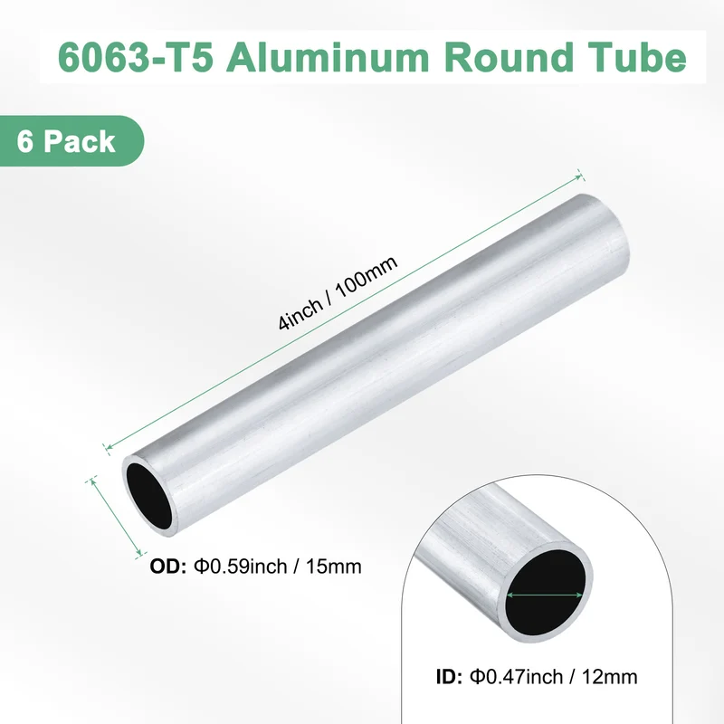 6-Pack 6063 Aluminum Round Tube, 12mmx15mm(IDxOD) 100mm Length Straight Tubing