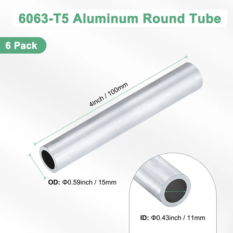 6-Pack 6063 Aluminum Round Tube, 11mmx15mm(IDxOD) 100mm Length Straight Tubing