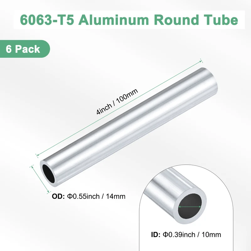 6-Pack 6063 Aluminum Round Tube, 10mmx14mm(IDxOD) 100mm Length Straight Tubing