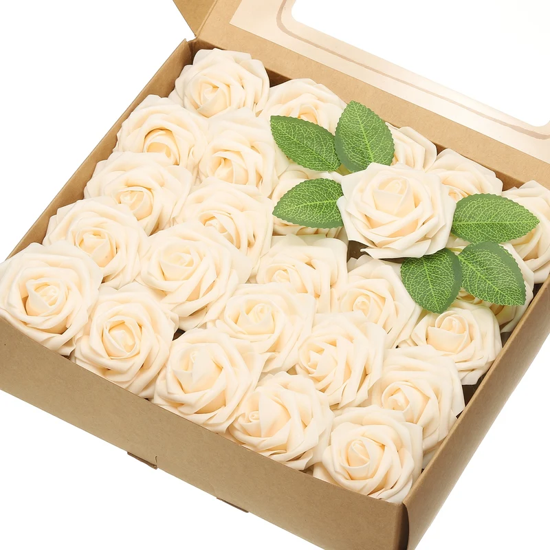50Pcs 3.15" Fake Roses with Stems Artificial Flowers Wedding Decor, Champagne