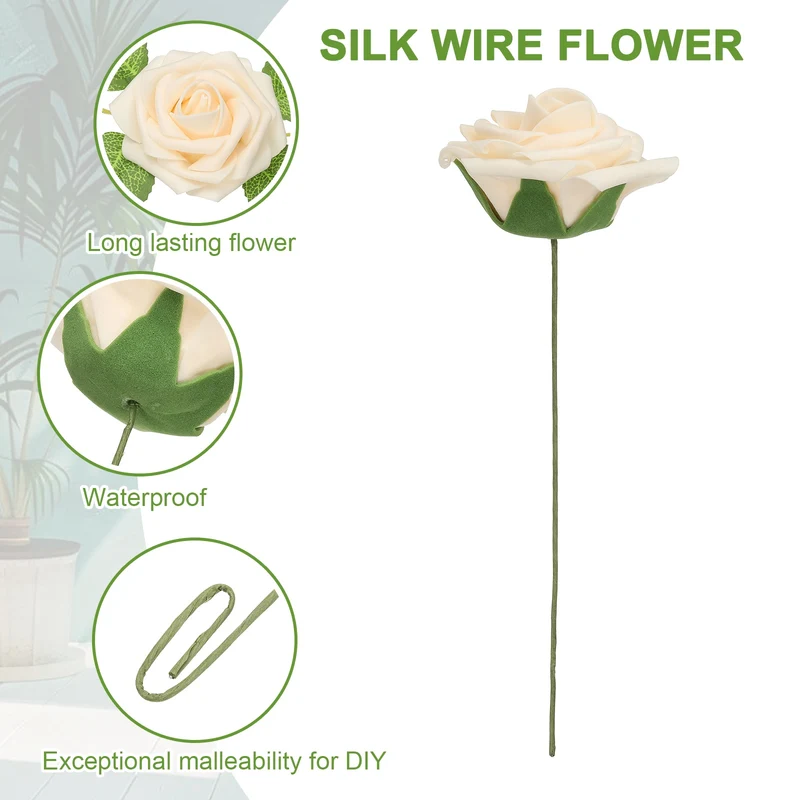 50Pcs 3.15" Fake Roses with Stems Artificial Flowers Wedding Decor, Champagne