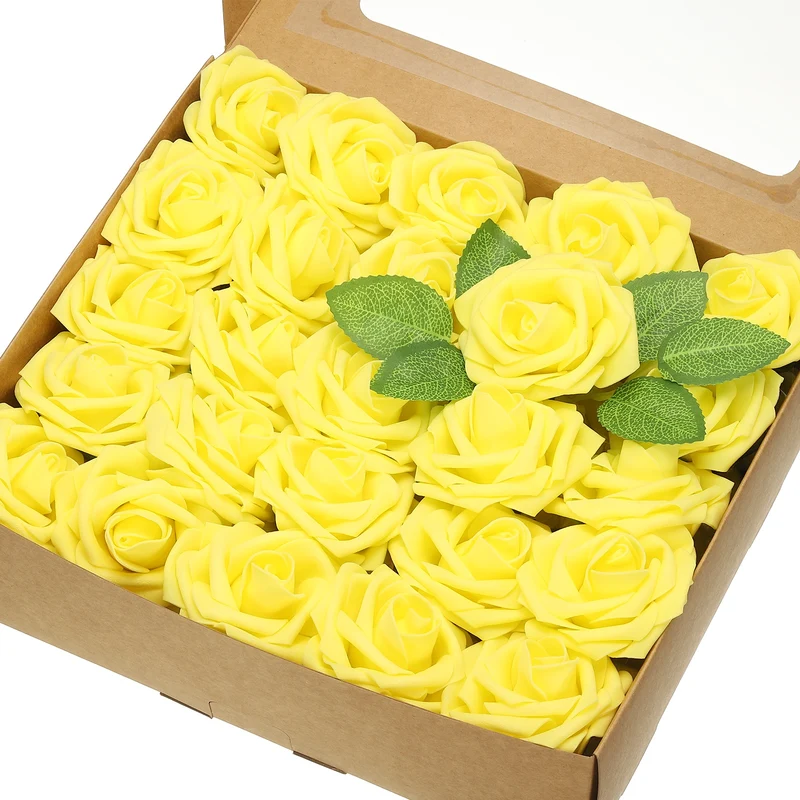 50Pcs 3.15 Inch Fake Roses with Stems Artificial Flowers Wedding Decor, Yellow