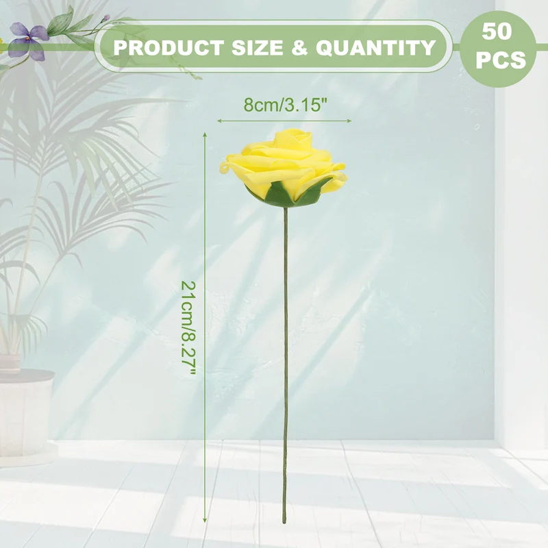 50Pcs 3.15 Inch Fake Roses with Stems Artificial Flowers Wedding Decor, Yellow