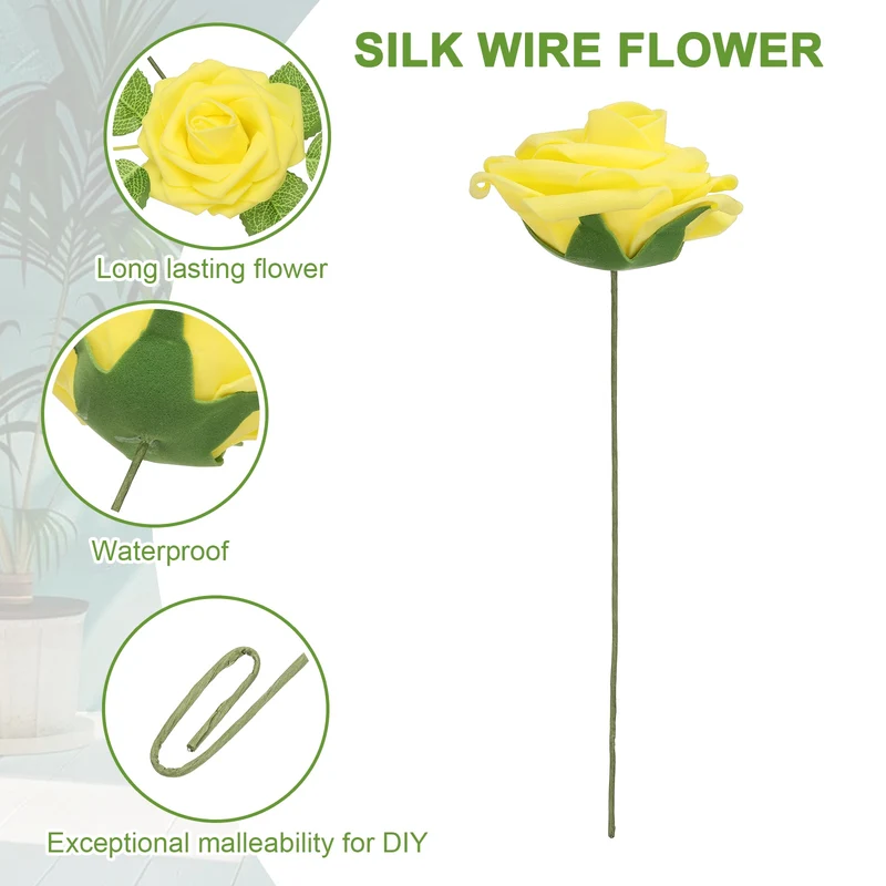 50Pcs 3.15 Inch Fake Roses with Stems Artificial Flowers Wedding Decor, Yellow