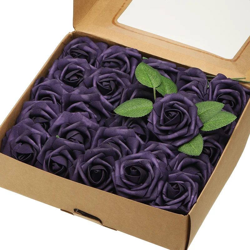 50Pcs 3.15" Fake Roses with Stems Artificial Flowers Wedding Decor, Dark Purple