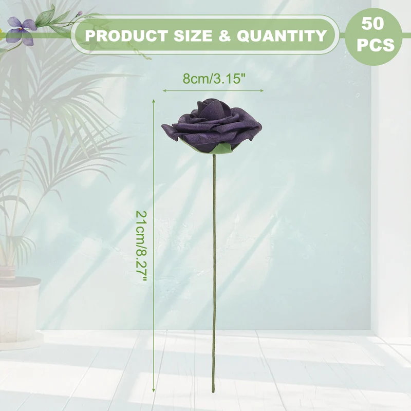 50Pcs 3.15" Fake Roses with Stems Artificial Flowers Wedding Decor, Dark Purple