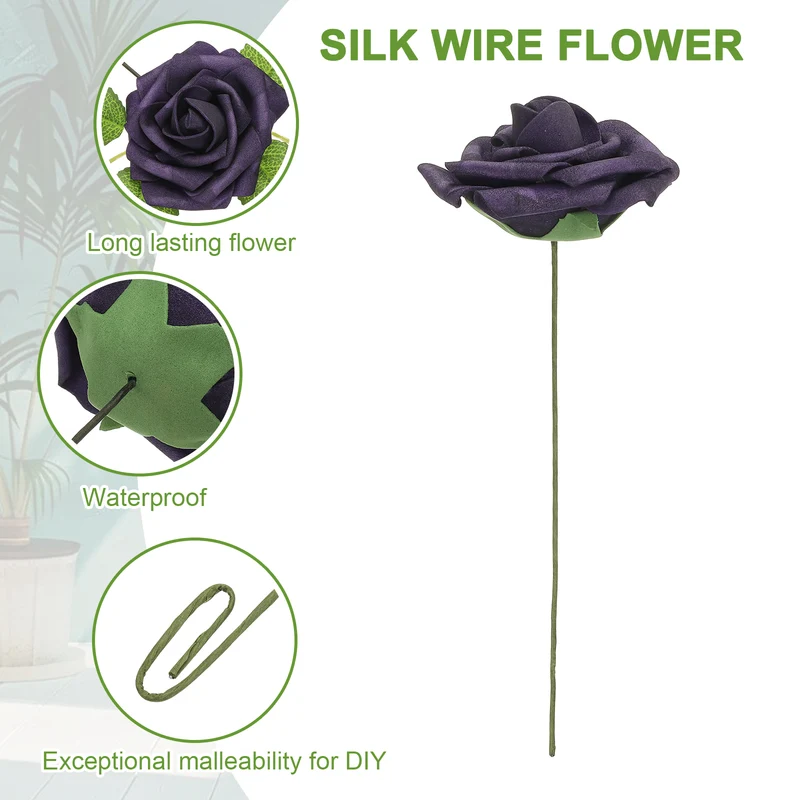 50Pcs 3.15" Fake Roses with Stems Artificial Flowers Wedding Decor, Dark Purple