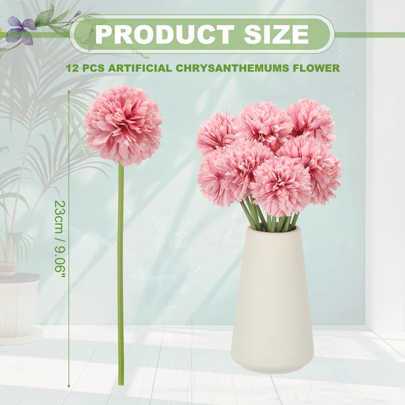 12 Pcs Artificial Chrysanthemums Fake Flowers for Home Decor, Dark Pink