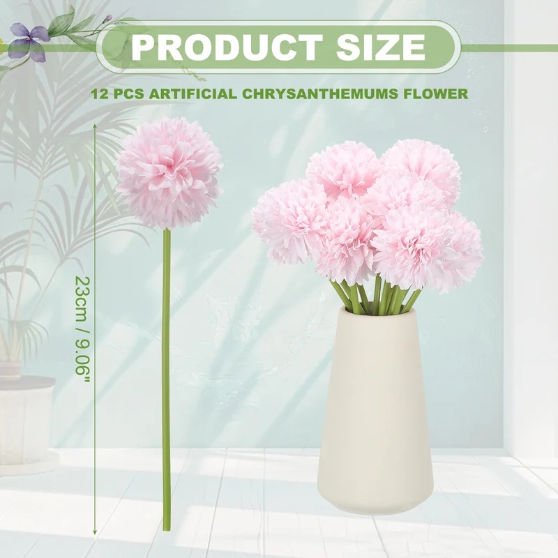 12 Pcs Artificial Chrysanthemums Fake Flowers for Home Decor, Light Pink