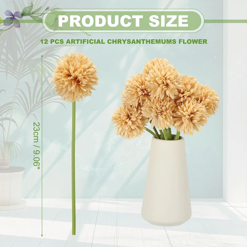 12 Pcs Artificial Chrysanthemums Fake Flowers for Home Decor, Champagne