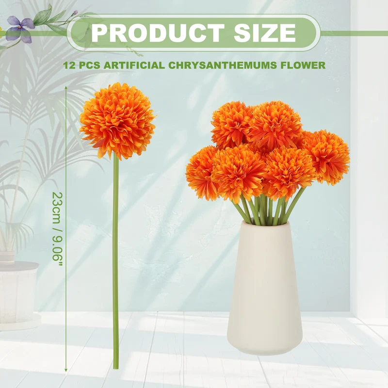 12 Pcs Artificial Chrysanthemums Fake Flowers for Home Decor, Orange