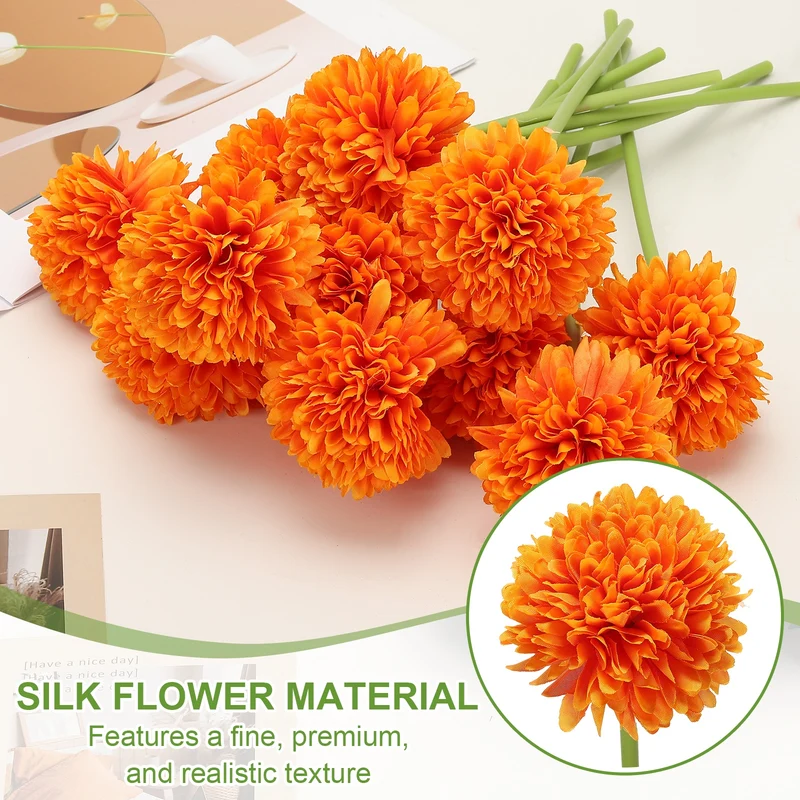 12 Pcs Artificial Chrysanthemums Fake Flowers for Home Decor, Orange