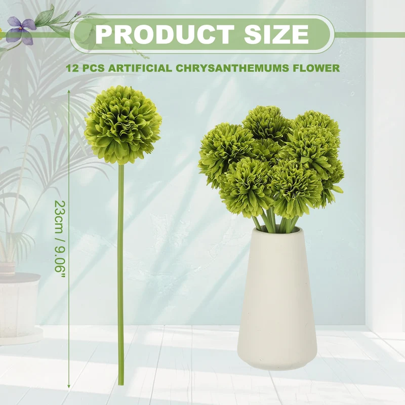 12 Pcs Artificial Chrysanthemums Fake Flowers for Home Decor, Green