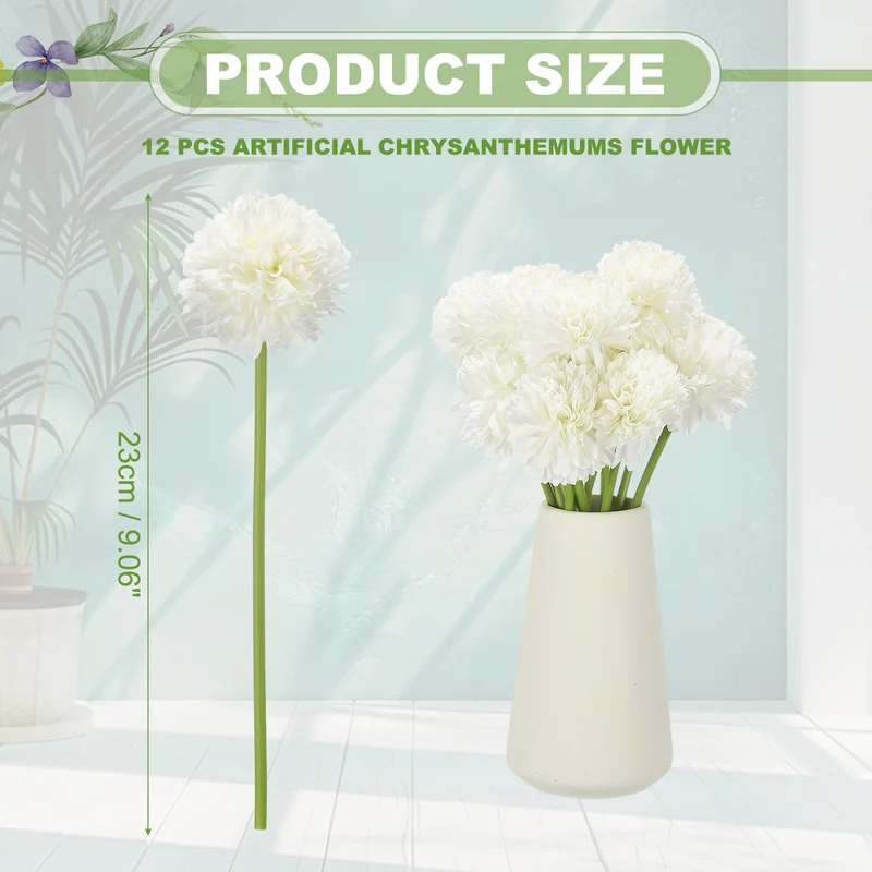 12 Pcs Artificial Chrysanthemums Fake Flowers for Home Decor, White
