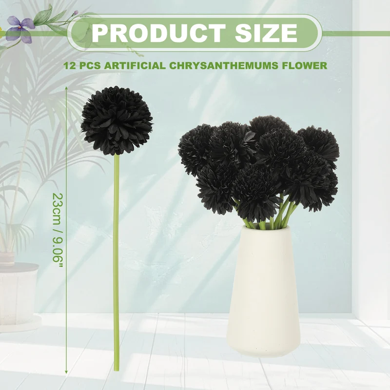 12 Pcs Artificial Chrysanthemums Fake Flowers for Home Decor, Black