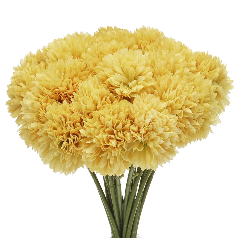Artificial Flower Heads Silk Chrysanthemum Hydrangea Yellow Faux 24Pcs