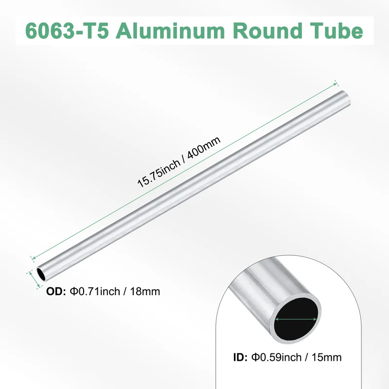 1-Pack 6063 Aluminum Round Tube, 15mmx18mm(IDxOD) 400mm Length Straight Tubing
