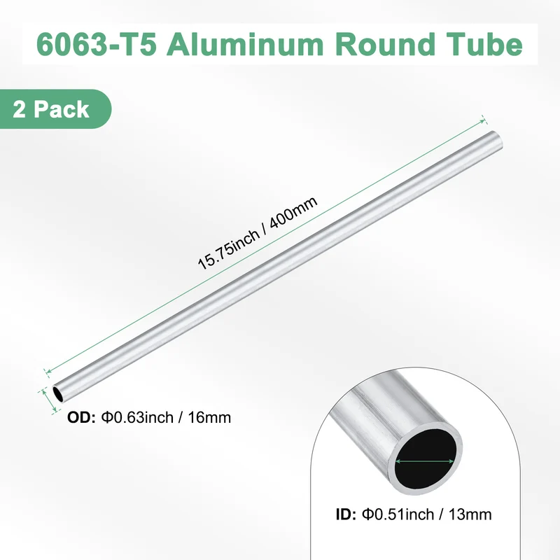 2-Pack 6063 Aluminum Round Tube, 13mmx16mm(IDxOD) 400mm Length Straight Tubing