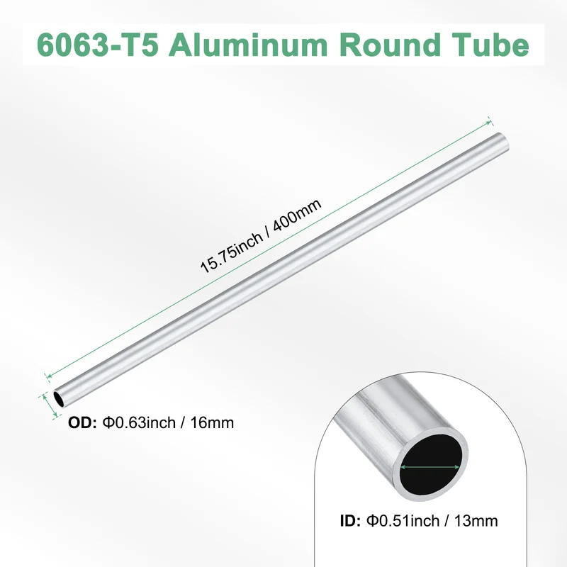 1-Pack 6063 Aluminum Round Tube, 13mmx16mm(IDxOD) 400mm Length Straight Tubing