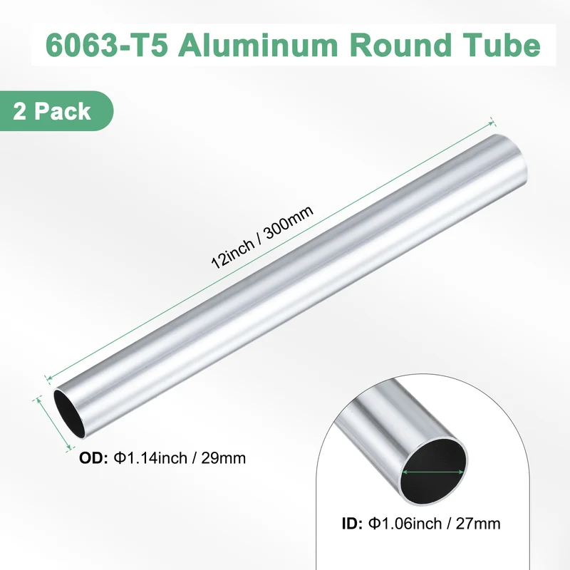 2-Pack 6063 Aluminum Round Tube, 27mmx29mm(IDxOD) 300mm Length Straight Tubing