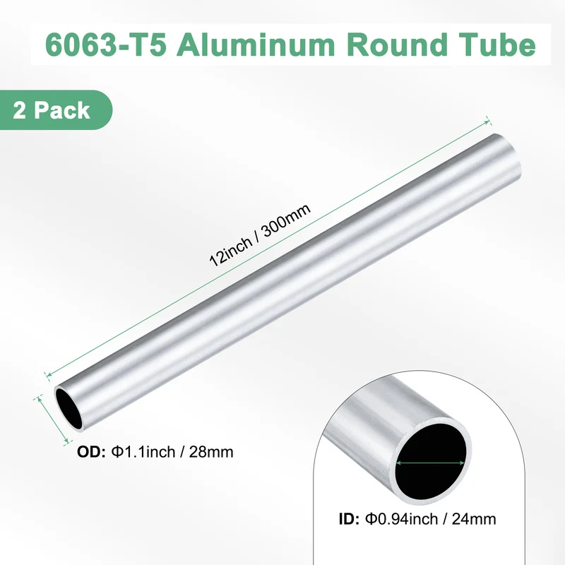2-Pack 6063 Aluminum Round Tube, 24mmx28mm(IDxOD) 300mm Length Straight Tubing